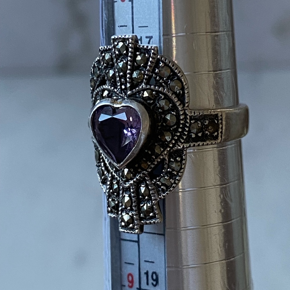 Vintage 925TR Mexico sterling silver amethyst marcasite ring - Picture 12 of 13